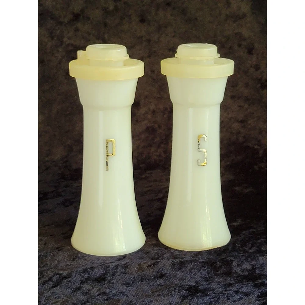 Vtg MCM Tupperware Hourglass Salt and Pepper Shakers White Gold Lettering 831